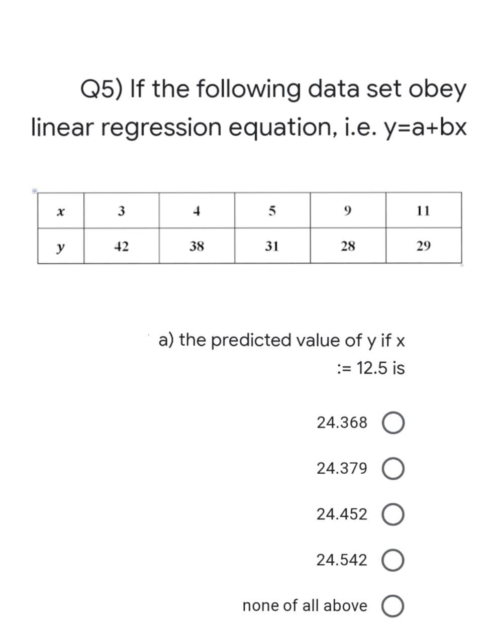 Q5) If the following data set obey
linear regression equation, i.e. y=a+bx
3
4
5
9
11
42
38
31
28
29
a) the predicted value of y if x
:= 12.5 is
24.368 O
24.379 O
24.452 O
24.542 O
none of all above O
४
y