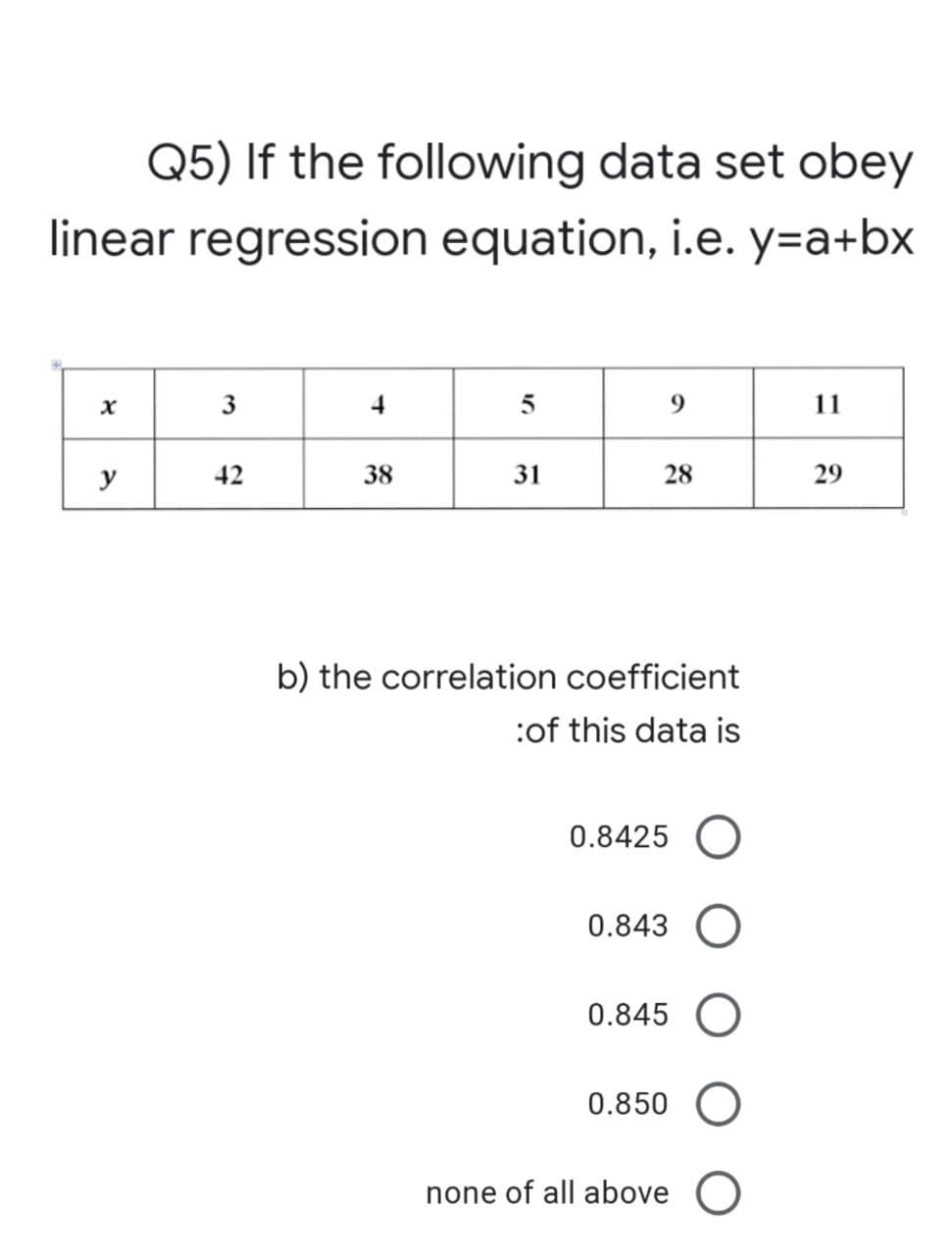 Q5) If the following data set obey
linear regression equation, i.e. y=a+bx
3
4
5
9
11
y
42
38
31
28
29
b) the correlation coefficient
:of this data is
0.8425 O
0.843
0.845 O
0.850 O
none of all above
