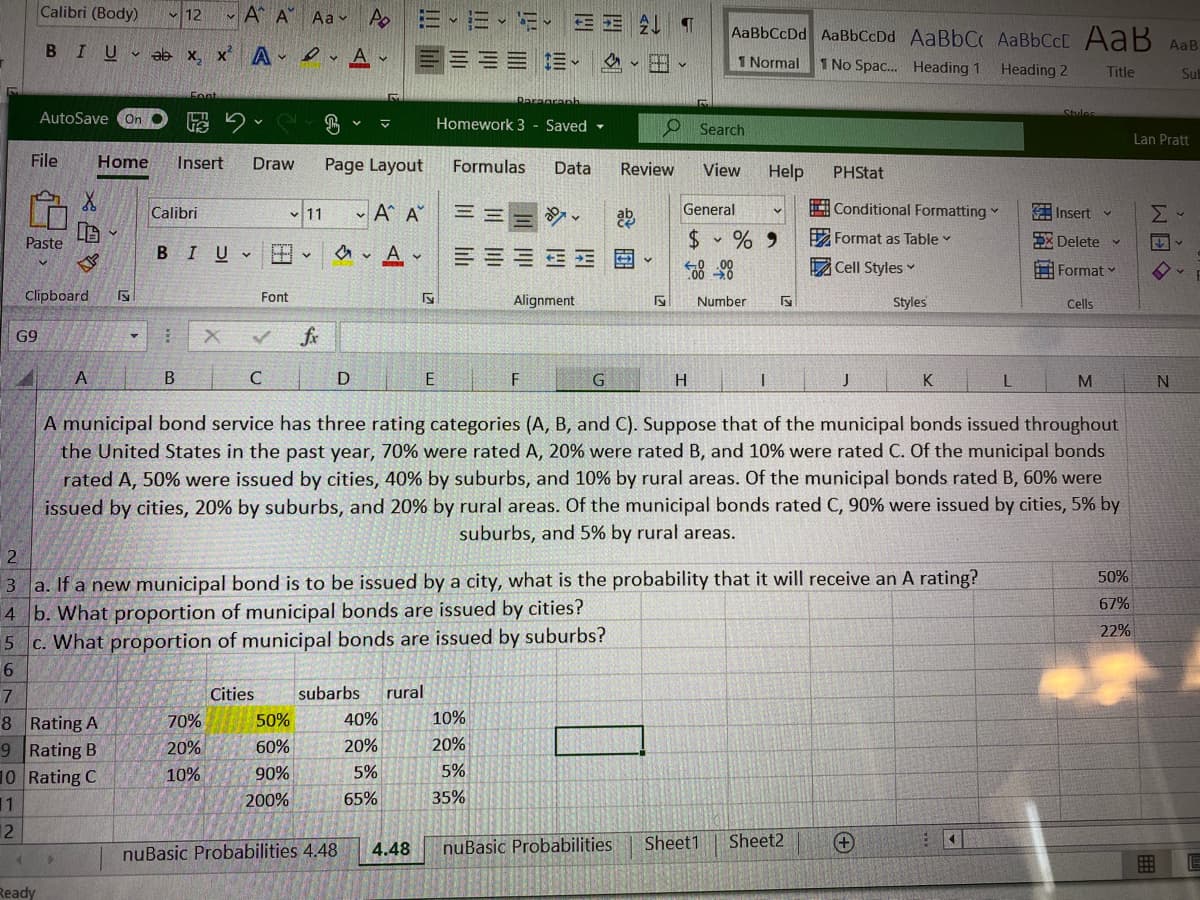Calibri (Body)
- A A Aav Ao
v12
AaBbCcDd AaBbCcDd AaBbC AABBCCC AaB AaB
BIUV ab x, x A - er A v
三。
v出、
1 Normal
1 No Spac. Heading 1
Heading 2
Title
Su
baragranh
Stules
AutoSave
On
Homework 3 - Saved -
O Search
Lan Pratt
File
Home
Insert
Draw
Page Layout
Formulas
Data
Review
View
Help
PHStat
11
- A A
E Conditional Formatting
Calibri
General
密Insert
Paste
$ • % 9
Format as Table
X Delete v
BIU
三三州国 園
Z Cell Styles v
EFormat v
Clipboard
Font
Alignment
Number
Styles
Cells
G9
fr
A
В
C
F
G
H.
J
K
A municipal bond service has three rating categories (A, B, and C). Suppose that of the municipal bonds issued throughout
the United States in the past year, 70% were rated A, 20% were rated B, and 10% were rated C. Of the municipal bonds
rated A, 50% were issued by cities, 40% by suburbs, and 10% by rural areas. Of the municipal bonds rated B, 60% were
issued by cities, 20% by suburbs, and 20% by rural areas. Of the municipal bonds rated C, 90% were issued by cities, 5% by
suburbs, and 5% by rural areas.
3 a. If a new municipal bond is to be issued by a city, what is the probability that it will receive an A rating?
4 b. What proportion of municipal bonds are issued by cities?
5 c. What proportion of municipal bonds are issued by suburbs?
50%
67%
22%
7
Cities
subarbs
rural
40%
10%
8 Rating A
9 Rating B
10 Rating C
11
12
70%
50%
20%
60%
20%
20%
10%
90%
5%
5%
200%
65%
35%
4.48
nuBasic Probabilities
Sheet1
Sheet2
nuBasic Probabilities 4.48
Ready
> > >
WEO

