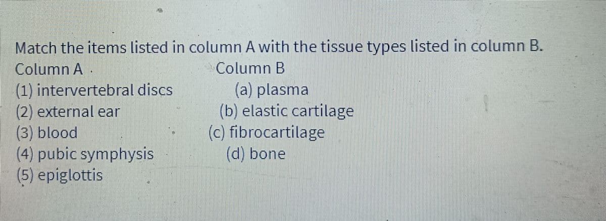 Match the items listed in column A with the tissue types listed in column B.
Column A
Column B
(1) intervertebral discs
(2) external ear
(3) blood
(4) pubic symphysis
(5) epiglottis
(a) plasma
(b) elastic cartilage
(c) fibrocartilage
(d) bone