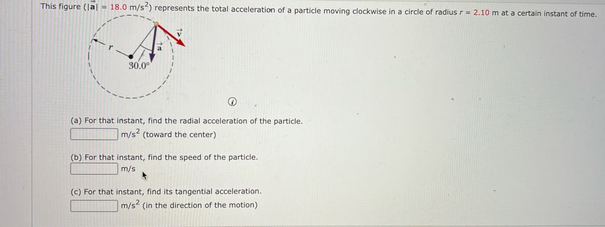 This figure (|a| = 18.0 m/s2) represents the total acceleration of a particle moving clockwise in a circle of radius r = 2.10 m at a certain instant of time.
30.0°
(a) For that instant, find the radial acceleration of the particle.
|m/s² (toward the center)
(b) For that instant, find the speed of the particle.
m/s
(c) For that instant, find its tangential acceleration.
m/s2 (in the direction of the motion)
