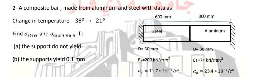 2- A composite bar , made from aluminum and steel with data as :
600 mm
300 mm
Change in temperature 38° → 21°
Steel
Aluminum
Find osteel and oaluminum if :
(a) the support do not yield
D= 50 mm
D= 30 mm
(b) the supports yield 0.1 mm
Es=200 kN/mm?
Ea=74 kN/mm?
as = 11.7 * 10-6/co
aa = 23.4 * 10-6/c°
