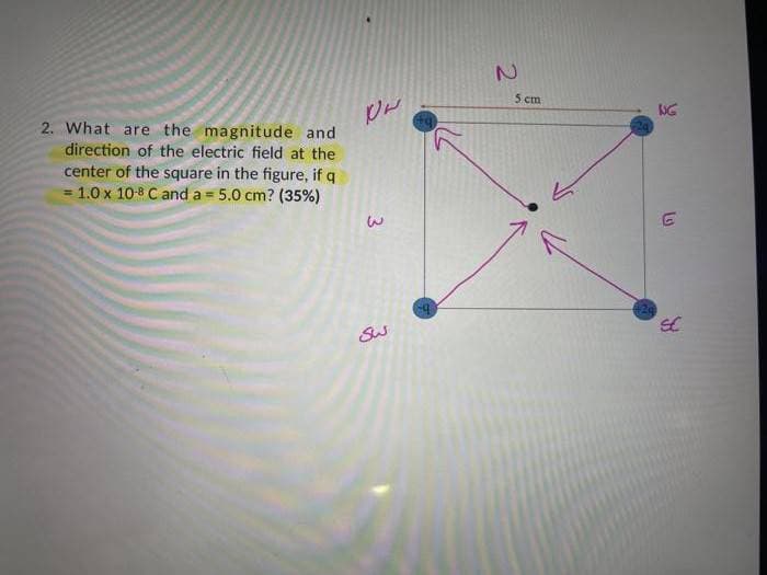 5 cm
NG
2. What are the magnitude and
direction of the electric field at the
center of the square in the figure, if q
1.0 x 10-8 C and a = 5.0 cm? (35%)
%3D
2.
3
