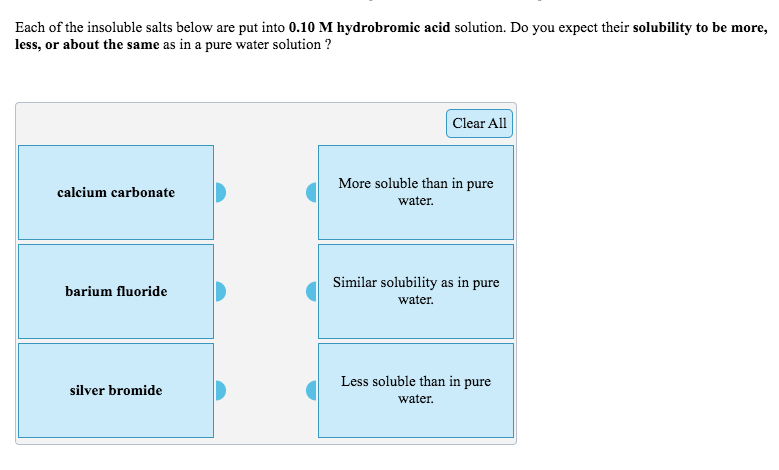 Each of the insoluble salts below are put into 0.10 M hydrobromic acid solution. Do you expect their solubility to be more,
less, or about the same as in a pure water solution ?
Clear All
More soluble than in pure
calcium carbonate
water.
Similar solubility as in pure
barium fluoride
water.
Less soluble than in pure
silver bromide
water.
