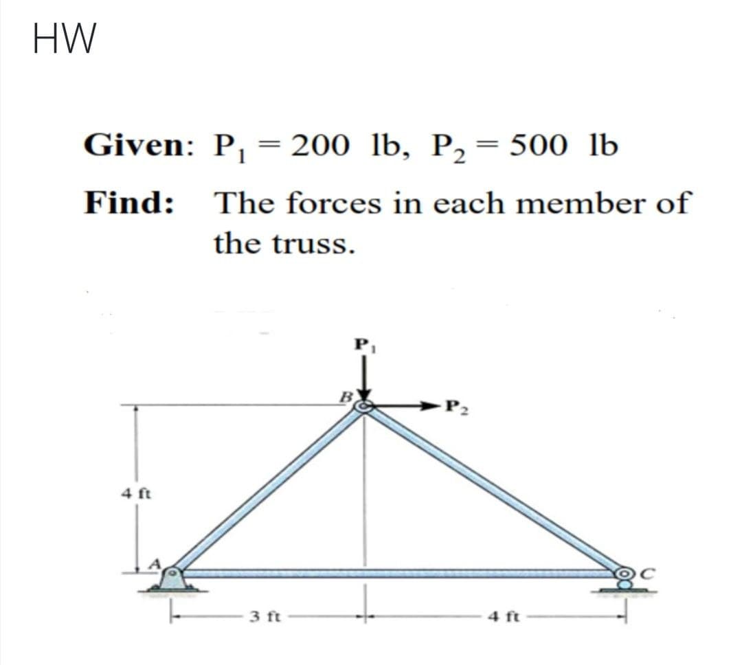 HW
Given: P,
= 200 lb, P,=500 lb
||
Find:
The forces in each member of
the truss.
4 ft
3 ft
4 ft
