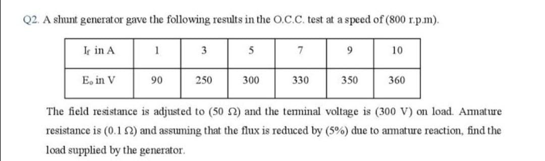 Q2. A shunt generator gave the following results in the O.C.C. test at a speed of (800 r.p.m).
If in A
1
3
7
10
E, in V
90
250
300
330
350
360
The field resistance is adjusted to (50 2) and the temminal voltage is (300 V) on load. Armature
resistance is (0.1 2) and assuming that the flux is reduced by (5%) due to amature reaction, find the
load supplied by the generator.
