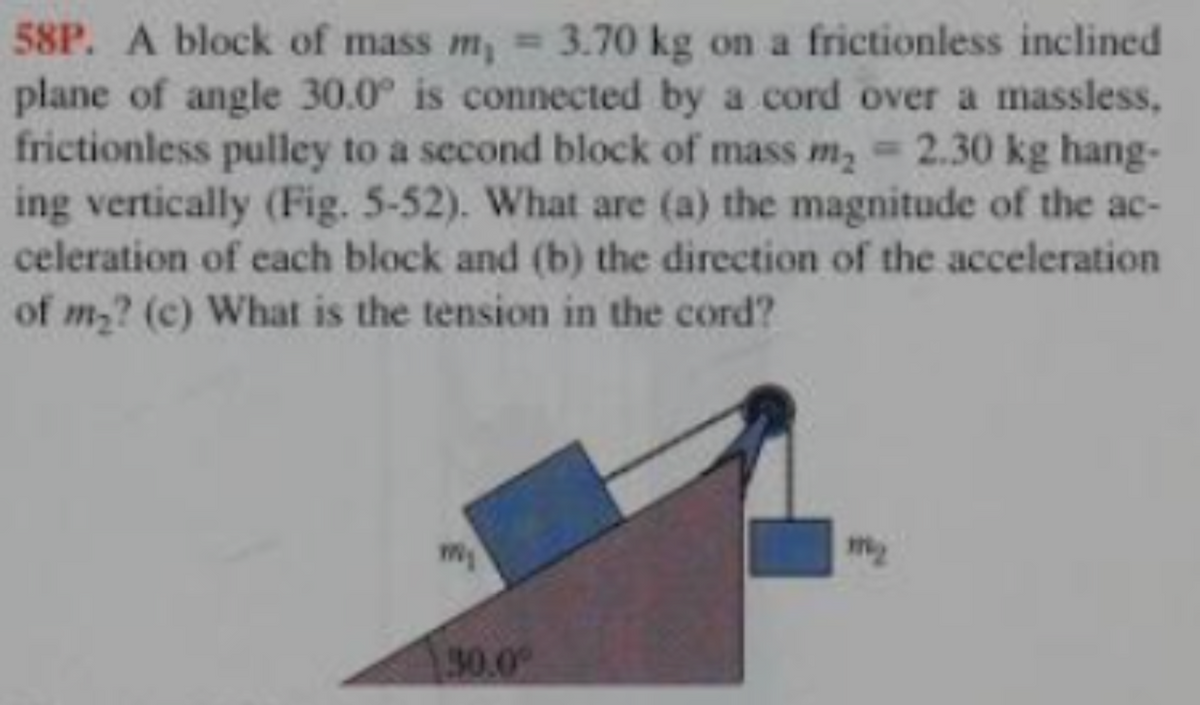 58P. A block of mass m, = 3.70 kg on a frictionless inclined
plane of angle 30.0° is connected by a cord over a massless,
frictionless pulley to a second block of mass m, = 2.30 kg hang-
ing vertically (Fig. 5-52). What are (a) the magnitude of the ac-
celeration of each block and (b) the direction of the acceleration
of m2? (c) What is the tension in the cord?
90.0
