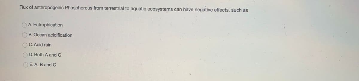 Flux of anthropogenic Phosphorous from terrestrial to aquatic ecosystems can have negative effects, such as
A. Eutrophication
B. Ocean acidification
C. Acid rain
D. Both A and C
E. A, B and C
