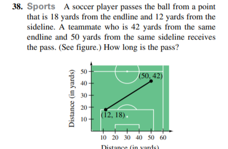 38. Sports A soccer player passes the ball from a point
that is 18 yards from the endline and 12 yards from the
sideline. A teammate who is 42 yards from the same
endline and 50 yards from the same sideline receives
the pass. (See figure.) How long is the pass?
50
(50, 42)
40
30
20
(12, 18).
10+
10 20 30 40 50 60
Distance (in vards)
Distance (in yards)
