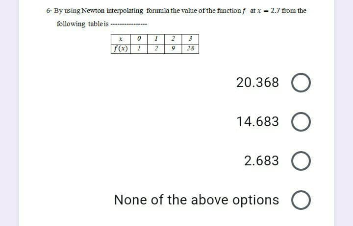 6- By using Newton interpolating formula the value of the function f at x 2.7 from the
following table is-
%3D
1 2 3
2
28
f(x) 1
20.368 O
14.683 O
2.683 O
None of the above options O
