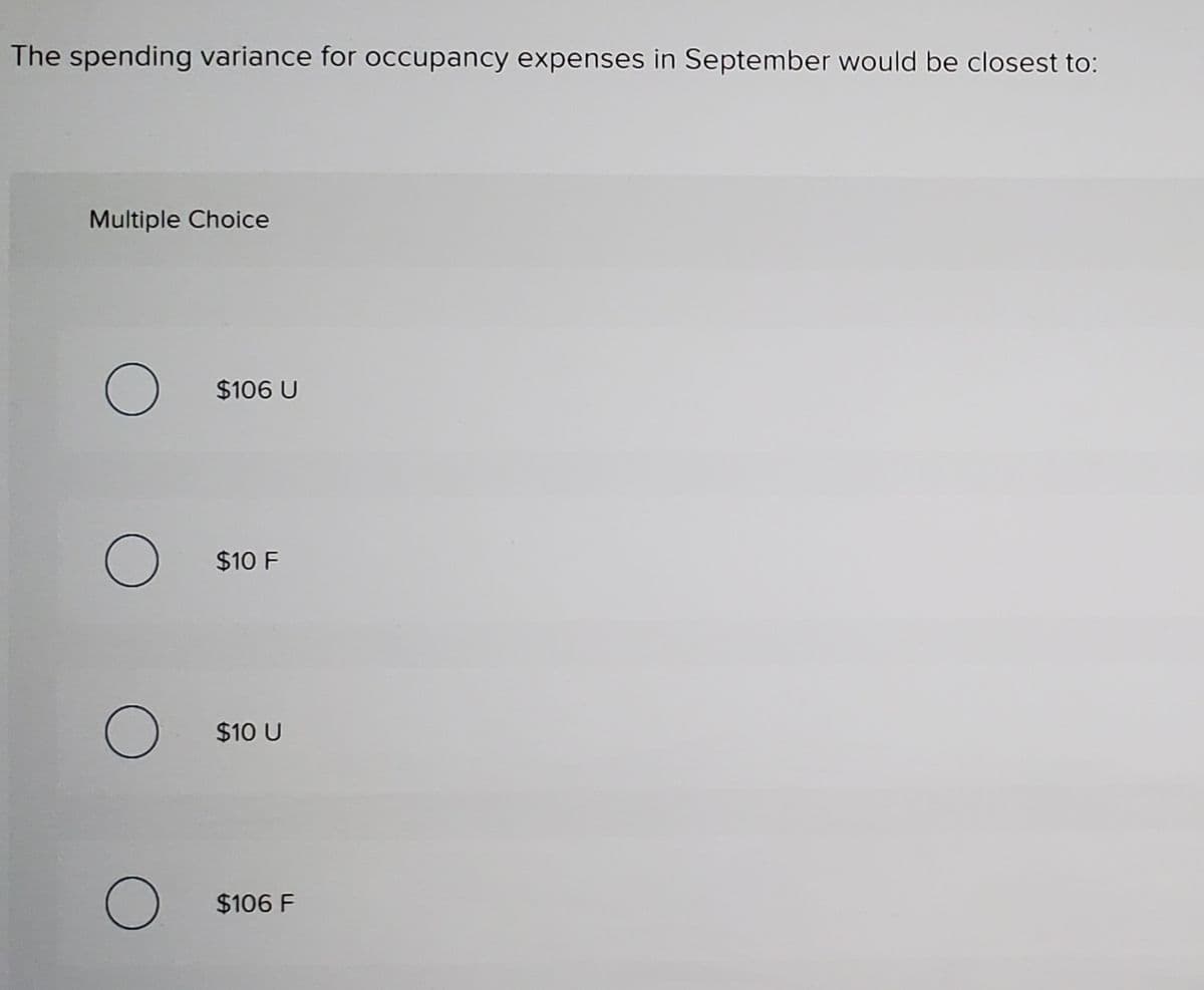 The spending variance for occupancy expenses in September would be closest to:
Multiple Choice
$106 U
$10 F
$10 U
$106 F
