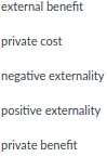 external benefit
private cost
negative externality
positive externality
private benefit
