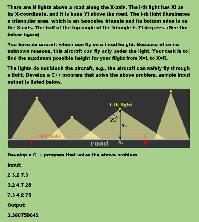 There are N lights above a road along the X-axis. The i-th light has Xi as
its X-coordinate, and it is hung Yi above the road. The i-th light illuminates
a triangular area, which is an isosceles triangle and its bottom edge is on
the X-axis. The half of the top angle of the triangle is Zi degrees. (See the
below figure)
You have an aircraft which can fly on a fixed height. Because of some
unknown reasons, this aircraft can fly only under the light. Your task is to
find the maximum possible height for your flight from X=L to X=R.
The lights do not block the aircraft, e.g., the aircraft can safely fly through
a light. Develop a C++ program that solve the above problem, sample input
output is listed below.
i-th light
Yi
valid flight
road
Xi
Develop a C++ program that solve the above problem.
Input:
2 3.2 7.3
3.2 4.7 28
7.3 4.2 75
Output:
3.300759642
