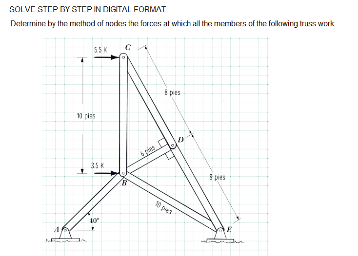 SOLVE STEP BY STEP IN DIGITAL FORMAT
Determine by the method of nodes the forces at which all the members of the following truss work.
5.5 K
8 pies
10 pies
D
6 pies
3.5 K
8 pies
10 pies
40°
A
E
