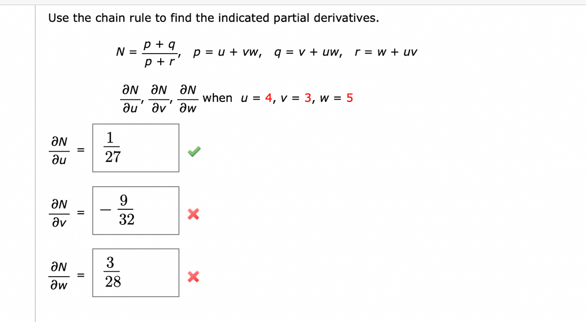 Use the chain rule to find the indicated partial derivatives.
p + q
N =
p = u + vw, q = v + uw,
r = w + uv
p + r
aN aN aN
au' av' aw
when u = 4, v = 3, w = 5
%3D
1
27
ne
ƏN
9.
-
av
32
ƏN
3
aw
28
II

