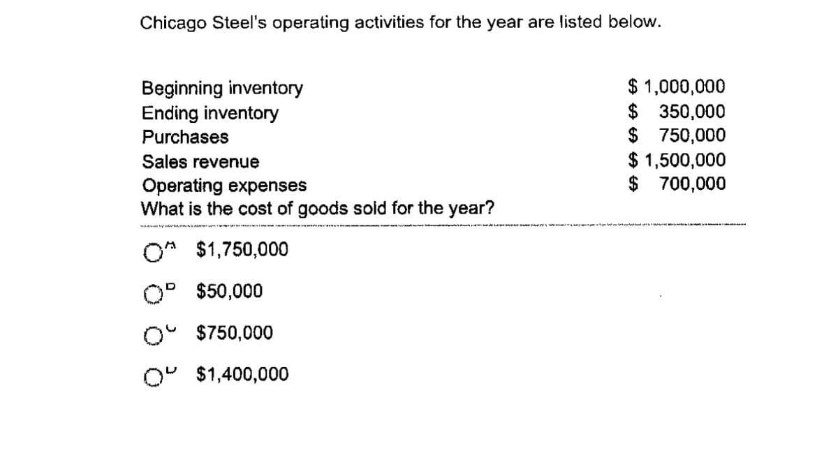 Chicago Steel's operating activities for the year are listed below.
Beginning inventory
Ending inventory
Purchases
Sales revenue
Operating expenses
What is the cost of goods sold for the year?
$1,750,000
OP $50,000
$750,000
O $1,400,000
$ 1,000,000
$ 350,000
$ 750,000
$ 1,500,000
$ 700,000