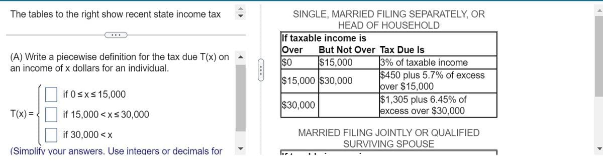 The tables to the right show recent state income tax
(A) Write a piecewise definition for the tax due T(x) on
an income of x dollars for an individual.
if 0≤x≤ 15,000
if 15,000 < x≤ 30,000
if 30,000<x
(Simplify your answers. Use integers or decimals for
T(x) =
SINGLE, MARRIED FILING SEPARATELY, OR
HEAD OF HOUSEHOLD
If taxable income is
Over But Not Over Tax Due Is
SO
$15,000
$15,000 $30,000
$30,000
3% of taxable income
$450 plus 5.7% of excess
over $15,000
$1,305 plus 6.45% of
excess over $30,000
MARRIED FILING JOINTLY OR QUALIFIED
SURVIVING SPOUSE
