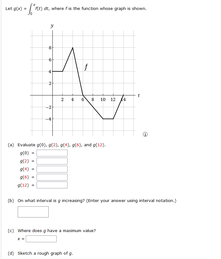 Let g(x) =
f(t) dt, where f is the function whose graph is shown.
y
f
4
2
2
4
10
12 14
-2
-4
(a) Evaluate g(0), g(2), g(4), g(6), and g(12).
g(0) =
g(2) =
g(4) =
g(6)
g(12)
(b) On what interval is g increasing? (Enter your answer using interval notation.)
(c) Where does g have a maximum value?
X =
(d) Sketch a rough graph of g.
co
6.
