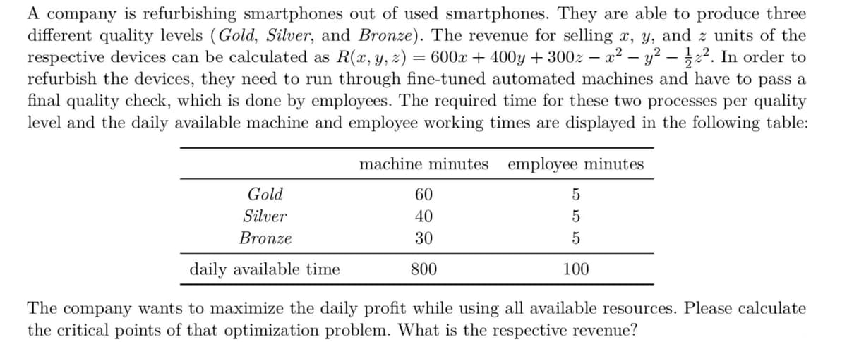 A company is refurbishing smartphones out of used smartphones. They are able to produce three
different quality levels (Gold, Silver, and Bronze). The revenue for selling x, y, and z units of the
respective devices can be calculated as R(x, y, z) = 600x + 400y + 300z – x² – y? – 22. In order to
refurbish the devices, they need to run through fine-tuned automated machines and have to pass a
final quality check, which is done by employees. The required time for these two processes per quality
level and the daily available machine and employee working times are displayed in the following table:
machine minutes employee minutes
Gold
60
Silver
40
Bronze
30
daily available time
800
100
The company wants to maximize the daily profit while using all available resources. Please calculate
the critical points of that optimization problem. What is the respective revenue?
