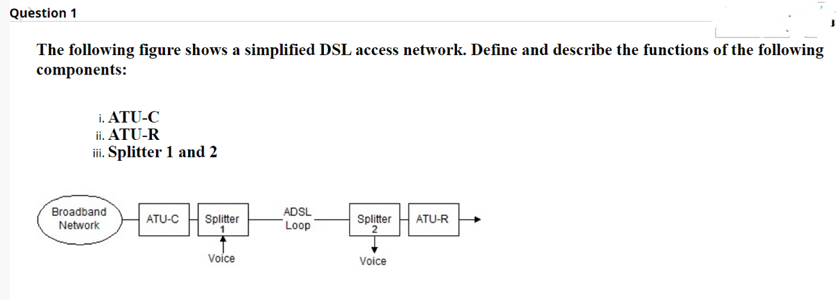 Question 1
The following figure shows a simplified DSL access network. Define and describe the functions of the following
components:
i. ATU-C
ii. ATU-R
iii. Splitter 1 and 2
Broadband
ADSL
ATU-C
Splitter
Loop
Splitter
ATU-R
Network
Voice
Voice
