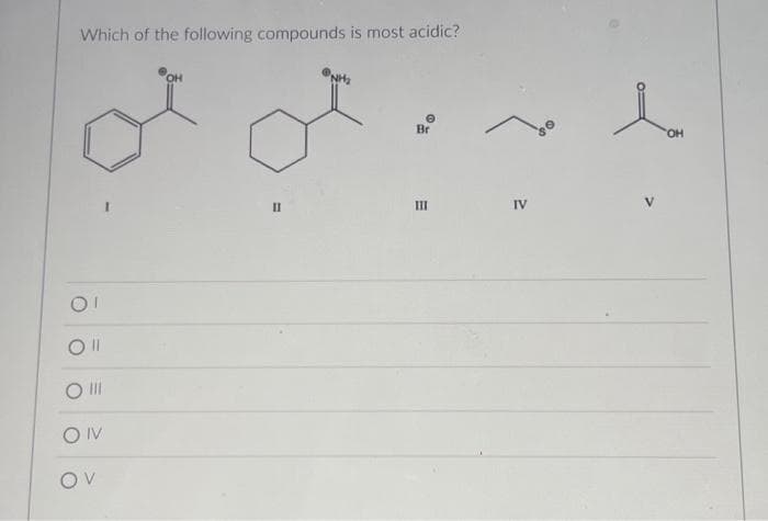 Which of the following compounds is most acidic?
OI
Oll
O III
ON
OV
OH
11
Br
E
III
IV
OH