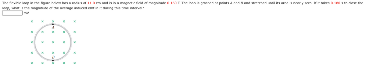The flexible loop in the figure below has a radius of 11.0 cm and is in a magnetic field of magnitude 0.160 T. The loop is grasped at points A and B and stretched until its area is nearly zero. If it takes 0.180 s to close the
loop, what is the magnitude of the average induced emf in it during this time interval?
mv
A
В
