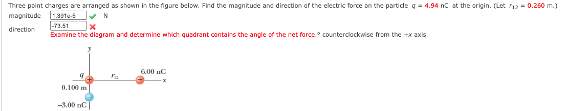 Three point charges are arranged as shown in the figure below. Find the magnitude and direction of the electric force on the particle q = 4.94 nC at the origin. (Let r12 = 0.260 m.)
magnitude
1.391e-5
|-73.51
direction
Examine the diagram and determine which quadrant contains the angle of the net force.° counterclockwise from the +x axis
6.00 nC
0.100 m
-3.00 nC
