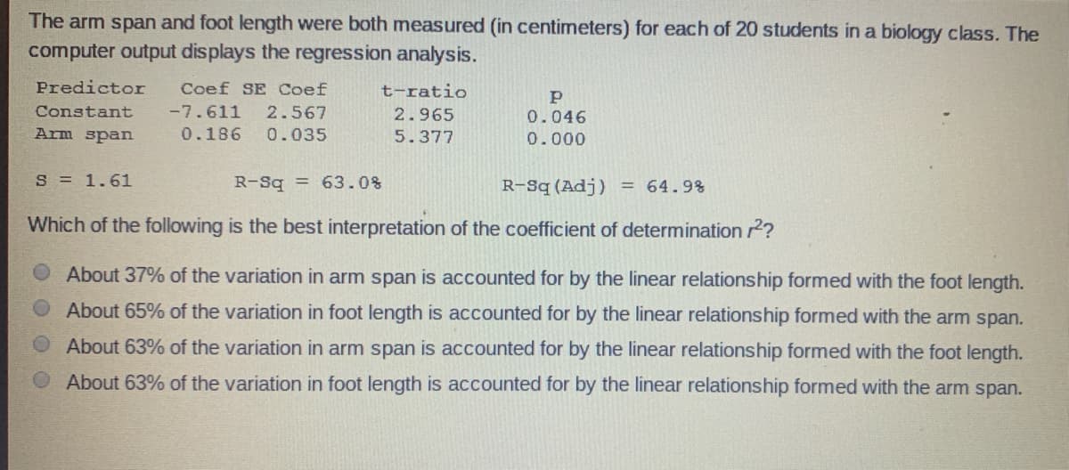 The arm span and foot length were both measured (in centimeters) for each of 20 students in a biology class. The
computer output displays the regression analysis.
Predictor
Coef SE Coef
t-ratio
P
Constant
-7.611
2.567
2.965
0.046
0.000
Arm span
0.186
0.035
5.377
s = 1.61
R-Sq = 63.0%
R-Sq (Adj) = 64.9%
Which of the following is the best interpretation of the coefficient of determination r2?
About 37% of the variation in arm span is accounted for by the linear relationship formed with the foot length.
About 65% of the variation in foot length is accounted for by the linear relationship formed with the arm span.
About 63% of the variation in arm span is accounted for by the linear relationship formed with the foot length.
About 63% of the variation in foot length is accounted for by the linear relationship formed with the arm span.
