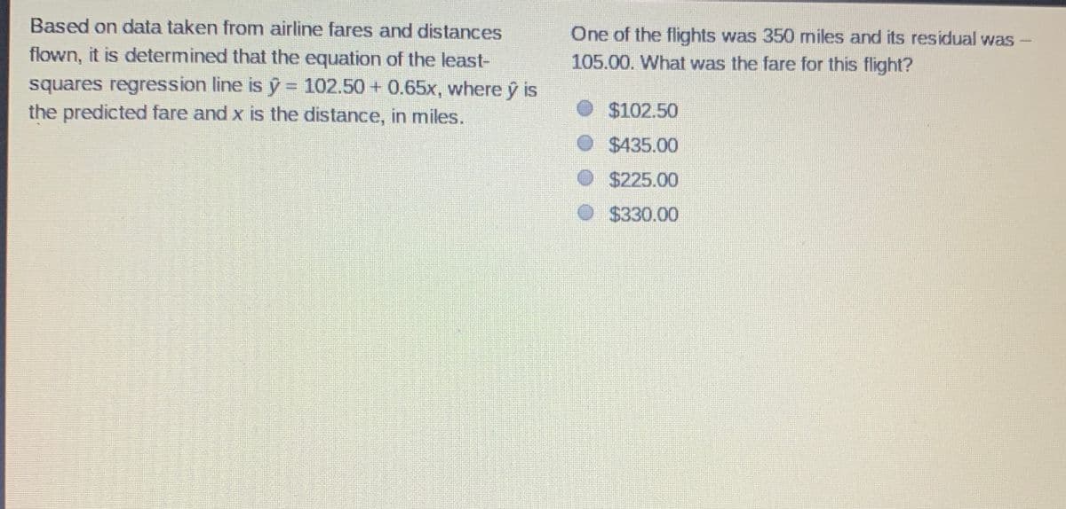 Based on data taken from airline fares and distances
One of the flights was 350 miles and its residual was -
flown, it is determined that the equation of the least-
105.00. What was the fare for this flight?
squares regression line is ŷ = 102.50+ 0.65x, where y is
the predicted fare and x is the distance, in miles.
$102.50
$435.00
$225.00
$330.00
