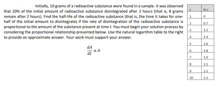 Initially, 10 grams of a radioactive substance were found in a sample. It was observed
that 20% of the initial amount of radioactive substance disintegrated after 2 hours (that is, 8 grams
remain after 2 hours). Find the half-life of the radioactive substance (that is, the time it takes for one-
half of the initial amount to disintegrate) if the rate of disintegration of the radioactive substance is
In z
1
2
0.7
proportional to the amount of the substance present at time t. You must begin your solution process by
3
considering the proportional relationship presented below. Use the natural logarithm table to the right
1.1
to provide an approximate answer. Your work must support your answer.
4
1.4
1.6
dA
a A
6
1.8
dt
1.9
2.1
9
2.2
10
2.3
7,
