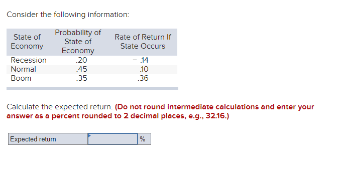 Consider the following information:
Probability of
State of
State of
Rate of Return If
Economy
State Occurs
Economy
Recession
20
- 14
Normal
.45
10
Вoom
35
36
Calculate the expected return. (Do not round intermediate calculations and enter your
answer as a percent rounded to 2 decimal places, e.g., 32.16.)
Expected return
%
