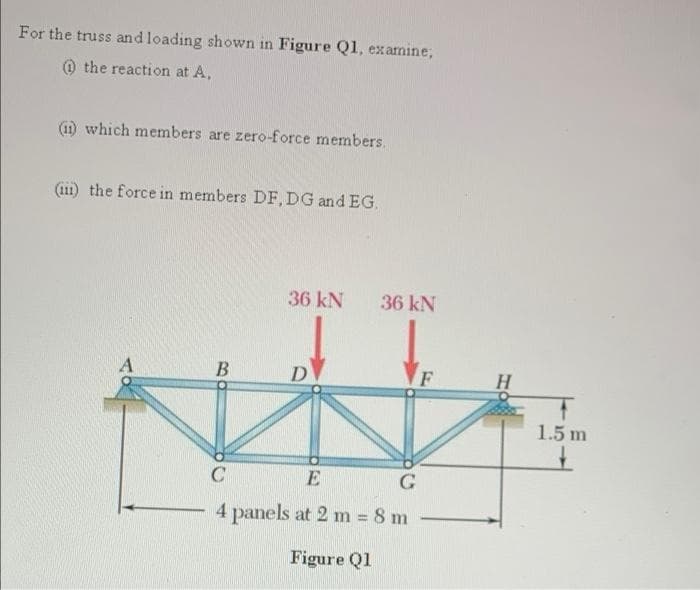 For the truss and loading shown in Figure Q1, examine,
@ the reaction at A,
(1) which members are zero-force members,
(iii) the force in members DF, DG and EG.
36 kN
36 kN
B
D
F
H
1.5 m
E
4 panels at 2 m = 8 m
%3D
Figure Q1
