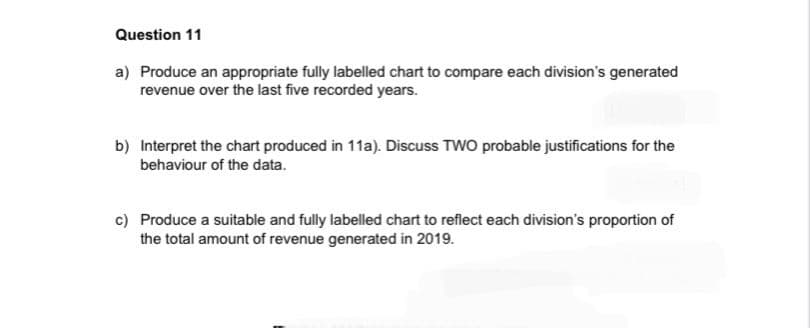 Question 11
a) Produce an appropriate fully labelled chart to compare each division's generated
revenue over the last five recorded years.
b) Interpret the chart produced in 11a). Discuss TWO probable justifications for the
behaviour of the data.
c) Produce a suitable and fully labelled chart to reflect each division's proportion of
the total amount of revenue generated in 2019.