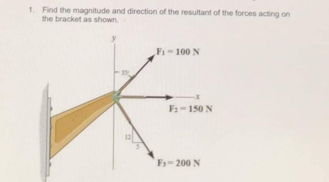 1. Find the magnitude and direction of the resultant of the forces acting on
the bracket as shown.
F1 100 N
35
F2 = 150 N
F3= 200 N
