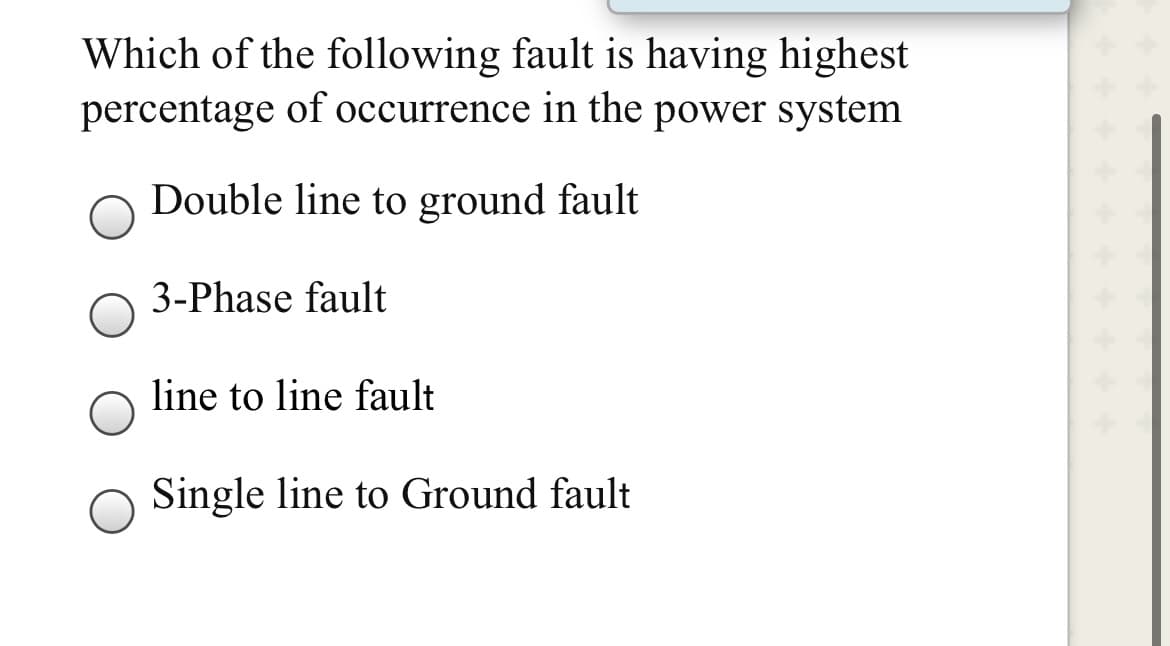 Which of the following fault is having highest
percentage of occurrence in the power system
Double line to ground fault
3-Phase fault
line to line fault
Single line to Ground fault
