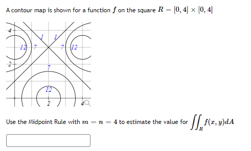 [0, 4] × [0, 4]
A contour map is shown for a function f on the square R =
12
12
Use the Midpoint Rule with m = n = 4 to estimate the value for
fff(x, y)dA
R