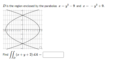 D is the region enclosed by the parabolas x = y² - 9 and x =
I
1
Find
12
"
³√√√₂ ( x + y + 2) dA.
- y² + 9.