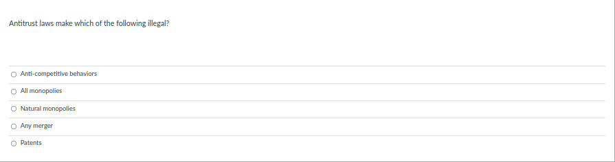 Antitrust laws make which of the following illegal?
O Anti-competitive behaviors
O All monopolies
O Natural monopolies
O Any merger
O Patents
