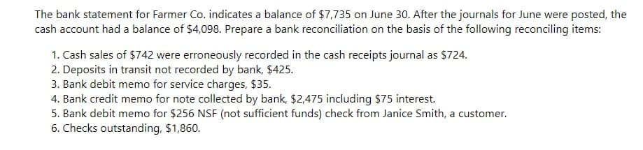 The bank statement for Farmer Co. indicates a balance of $7,735 on June 30. After the journals for June were posted, the
cash account had a balance of $4,098. Prepare a bank reconciliation on the basis of the following reconciling items:
1. Cash sales of $742 were erroneously recorded in the cash receipts journal as $724.
2. Deposits in transit not recorded by bank, $425.
3. Bank debit memo for service charges, $35.
4. Bank credit memo for note collected by bank, $2,475 including $75 interest.
5. Bank debit memo for $256 NSF (not sufficient funds) check from Janice Smith, a customer.
6. Checks outstanding, $1,860.