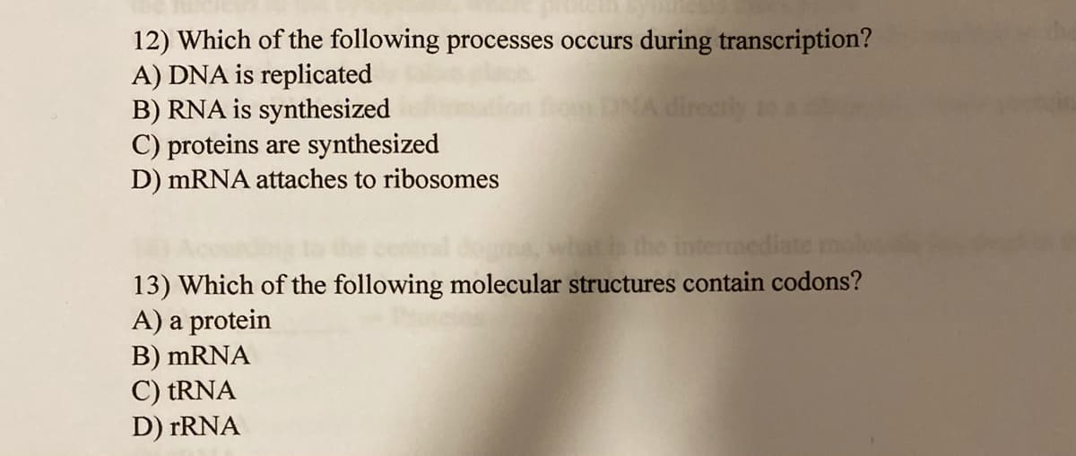 12) Which of the following processes occurs during transcription?
A) DNA is replicated
B) RNA is synthesized
C) proteins are synthesized
D) mRNA attaches to ribosomes
directly
the interrmediate mole
13) Which of the following molecular structures contain codons?
A) a protein
B) mRNA
C) TRNA
D) FRNA
