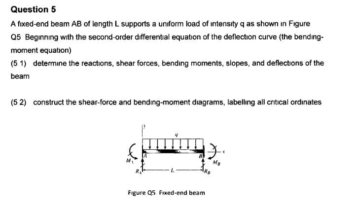 Question 5
A fixed-end beam AB of length L supports a uniform load of intensity q as shown in Figure
Q5 Beginning with the second-order differental equation of the deflection curve (the bending
moment equation)
(5 1) determine the reactions, shear forces, bending moments, slopes, and deflections of the
beam
construct the shear-force and bending-moment diagrams, labelling all critical ordinates
(5 2)
Mg
Mv
Rs
L
RA
Figure Q5 Fixed-end beam
