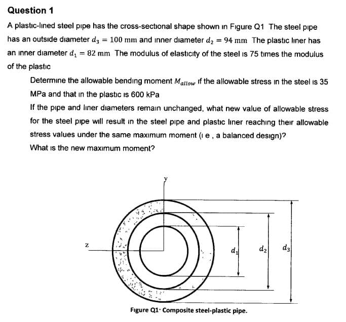 Question 1
A plastic-lined steel pipe has the cross-sectional shape shown in Figure Q1 The steel pipe
100 mm and inner diameter d2 94 mm The plastic liner has
has an outside diameter d
an inner diameter d, 82 mm The modulus of elasticity of the steel is 75 times the modulus
of the plastic
Determine the allowable bending moment Mallow f the allowable stress in the steel is 35
MPa and that in the plastic is 600 kPa
If the pipe and Iiner diameters remain unchanged, what new value of allowable stress
for the steel pipe will result in the steel pipe and plastic liner reaching their allowable
stress values under the same maximum moment (e, a balanced design)?
What is the new maximum moment?
d3
d2
7
Figure Q1 Composite steel-plastic pipe.
