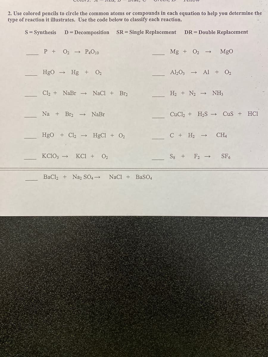 2. Use colored pencils to circle the common atoms or compounds in each equation to help you determine the
type of reaction it illustrates. Use the code below to classify each reaction.
S= Synthesis
D = Decomposition
SR = Single Replacement
DR = Double Replacement
P +
O2 → P40j10
Mg + O2
MgO
HgO
Hg +
O2
Al2O3
Al + O2
Cl2 + NaBr →
NaCl + Br2
H2 + N2 → NH3
Na
Br2
NaBr
CuCl2 +
H2S → CuS +
HC1
Hg0 + Cl2 →
HgCl + O2
С + Н2
CH4
KC103 →
KCl +
O2
S3 +
F2 →
SF6
BaCl2 + Na2 SO4→
NaCl +
BaSO4
