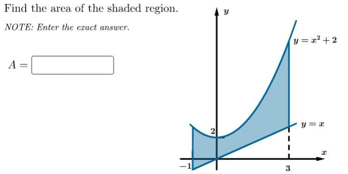 Find the area of the shaded region.
NOTE: Enter the exact answer.
y = a? +2
A =
y = x
3

