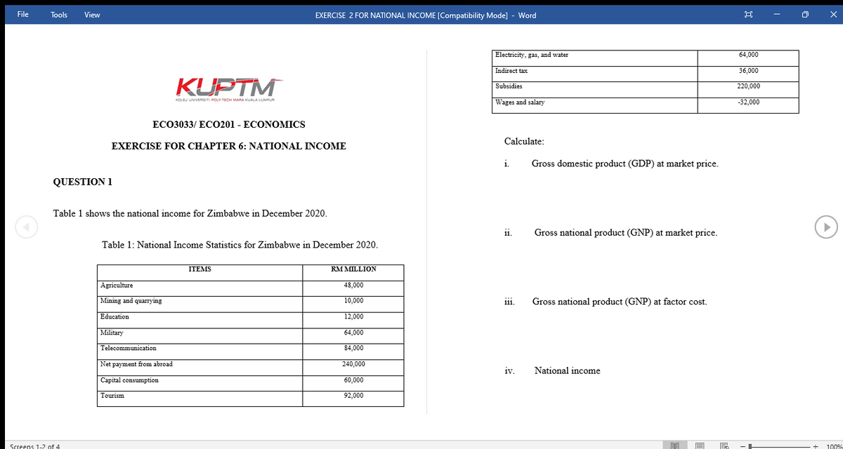 File
Tools
View
EXERCISE 2 FOR NATIONAL INCOME [Compatibility Mode] - Word
Electricity, gas, and water
64,000
Indirect tax
36,000
KUPTM
Subsidies
220,000
Wages and salary
KOLEJ UNIVERSITI POLY-TECH MARA KUALA LUMPUR
-32,000
ЕСОЗ033/ ЕСO201 - ЕCONOMICS
Calculate:
EXERCISE FOR CHAPTER 6: NATIONAL INCOME
i.
Gross domestic product (GDP) at market price.
QUESTION 1
Table 1 shows the national income for Zimbabwe in December 2020.
11.
Gross national product (GNP) at market price.
Table 1: National Income Statistics for Zimbabwe in December 2020.
ITEMS
RM MILLION
Agriculture
48,000
Mining and quarrying
10,000
iii.
111.
Gross national product (GNP) at factor cost.
Education
12,000
Military
64,000
Telecommunication
84,000
Net payment from abroad
240,000
iv.
National income
Capital consumption
60,000
Tourism
92,000
Screens 1-2 of 4
100%
