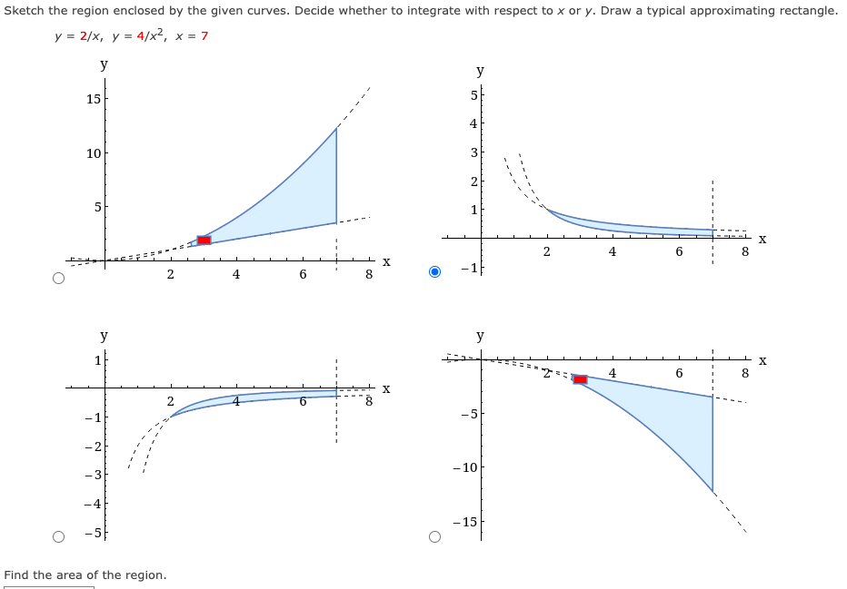 Sketch the region enclosed by the given curves. Decide whether to integrate with respect to x or y. Draw a typical approximating rectangle.
y = 2/x, y = 4/x², x = 7
y
y
15
4
10
3
4
8
-1
4
y
y
1
8
9.
-1
-5
-2
- 10
-3
-4
- 15
Find the area of the region.
2.
