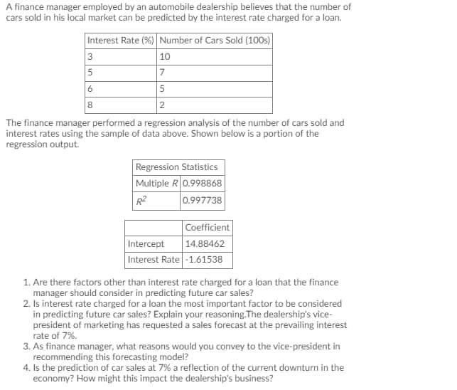 A finance manager employed by an automobile dealership believes that the number of
cars sold in his local market can be predicted by the interest rate charged for a loan.
Interest Rate (%) Number of Cars Sold (100s)
3
5
10
7
8
2
The finance manager performed a regression analysis of the number of cars sold and
interest rates using the sample of data above. Shown below is a portion of the
regression output.
Regression Statistics
Multiple R0.998868
R2
0.997738
Coefficient
|14.88462
Interest Rate -1.61538
Intercept
1. Are there factors other than interest rate charged for a loan that the finance
manager should consider in predicting future car sales?
2. Is interest rate charged for a loan the most important factor to be considered
in predicting future car sales? Explain your reasoning.The dealership's vice-
president of marketing has requested a sales forecast at the prevailing interest
rate of 7%.
3. As finance manager, what reasons would you convey to the vice-president in
recommending this forecasting model?
4. Isthe prediction of car sales at 7% a reflection of the current downturn in the
economy? How might this impact the dealership's business?
