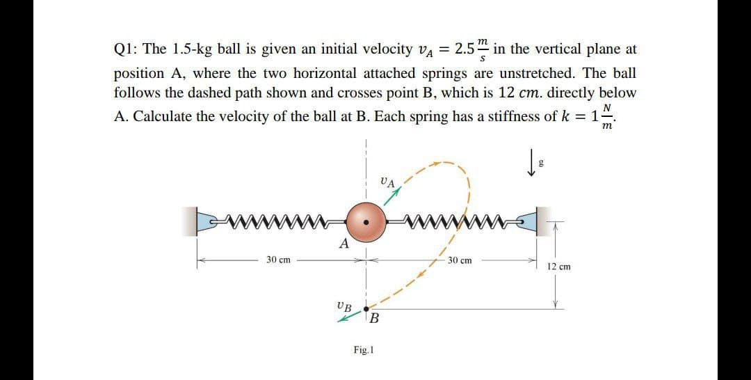 =
Q1: The 1.5-kg ball is given an initial velocity VA 2.5 in the vertical plane at
position A, where the two horizontal attached springs are unstretched. The ball
follows the dashed path shown and crosses point B, which is 12 cm. directly below
A. Calculate the velocity of the ball at B. Each spring has a stiffness of k = 1 ª
N
m
VA
30 cm
30 cm
12 cm
A
UB
B
Fig. 1