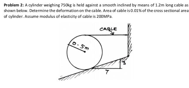 Problem 2: A cylinder weighing 750kg is held against a smooth inclined by means of 1.2m long cable as
shown below. Determine the deformation on the cable. Area of cable is 0.01% of the cross sectional area
of cylinder. Assume modulus of elasticity of cable is 200MPA.
CARLE
0.5m
