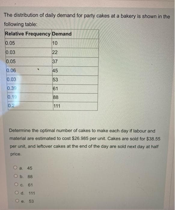 The distribution of daily demand for party cakes at a bakery is shown in the
following table:
Relative Frequency Demand
0.05
10
0.03
22
0.05
37
0.06
45
0.03
53
0.39
61
0.19
88
0.2
111
Determine the optimal number of cakes to make each day if labour and
material are estimated to cost $26.985 per unit. Cakes are sold for $38.55
per unit, and leftover cakes at the end of the day are sold next day at half
price.
O a. 45
O b. 88
Oc. 61
O d. 111
O e. 53

